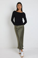 Load image into Gallery viewer, Rosette Khaki Satin Bias Midi Skirt Khaki