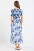 Load image into Gallery viewer, Aperture Sky Blue Floral Short Sleeve Shirred Bodice Midi Dress