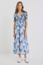 Load image into Gallery viewer, Aperture Sky Blue Floral Short Sleeve Shirred Bodice Midi Dress