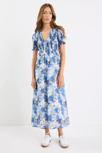 Load image into Gallery viewer, Aperture Sky Blue Floral Short Sleeve Shirred Bodice Midi Dress