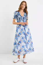 Load image into Gallery viewer, Aperture Sky Blue Floral Short Sleeve Shirred Bodice Midi Dress