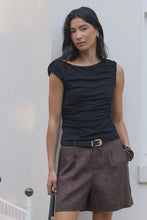 Load image into Gallery viewer, Literal Dark Chocolate Linen Pleat Front Shorts