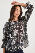 Load image into Gallery viewer, Briefly Black Scrolling Foliage Frill Sleeve Crew Neck Top