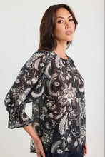 Load image into Gallery viewer, Briefly Black Scrolling Foliage Frill Sleeve Crew Neck Top