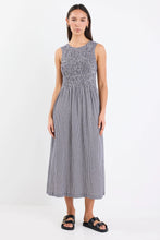 Load image into Gallery viewer, Bryar Navy Mini Gingham Sleeveless Shirred Bodice Midi Dress