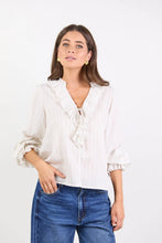 Load image into Gallery viewer, Decorate Ivory Black Stripe Frill Front Top