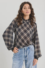 Load image into Gallery viewer, Embrace Black Check Chiffon Shirred Neck LS Top