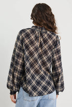 Load image into Gallery viewer, Embrace Black Check Chiffon Shirred Neck LS Top