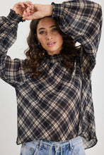 Load image into Gallery viewer, Embrace Black Check Chiffon Shirred Neck LS Top