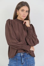 Load image into Gallery viewer, Embrace Chocolate Self Stripe Shirred Neck LS Top