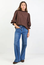 Load image into Gallery viewer, Embrace Chocolate Self Stripe Shirred Neck LS Top