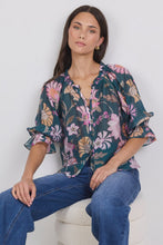 Load image into Gallery viewer, Encounter Petrol Scarf Print SS Gathered Button Front Top - Petrol Scarf Print