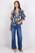 Load image into Gallery viewer, Encounter Petrol Scarf Print SS Gathered Button Front Top - Petrol Scarf Print