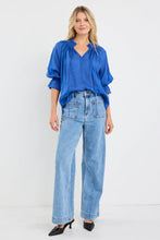 Load image into Gallery viewer, Expedition Blue Ramie Shirred Neck Short Sleeve Top