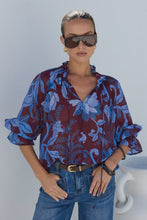 Load image into Gallery viewer, Burgundy Blue Floral /Blue Floral Shirred Neck Short Sleeve Top