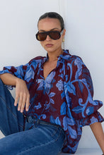 Load image into Gallery viewer, Burgundy Blue Floral /Blue Floral Shirred Neck Short Sleeve Top