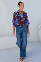 Load image into Gallery viewer, Burgundy Blue Floral /Blue Floral Shirred Neck Short Sleeve Top