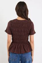 Load image into Gallery viewer, Neat Chocolate Slub Shirred Detail SS Tee