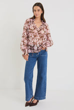 Load image into Gallery viewer, Odyssey Blush Chocolate Floral Shirred Neck LS Top