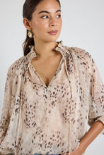 Load image into Gallery viewer, Odyssey Beige Leopard Georgette Shirred Neck LS Top - Beige Leopard