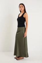 Load image into Gallery viewer, Rosette Khaki Satin Bias Midi Skirt Khaki