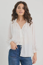 Load image into Gallery viewer, Prospect Ivory Stripe Tie Front Mid Sleeve Top