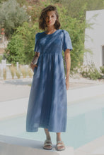Load image into Gallery viewer, Wren Cornflower Blue Linen Shirred Bodice Midi Dress