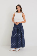 Load image into Gallery viewer, Wanderlust Navy Polka Dot Shirred Waist Maxi Skirt