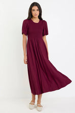 Load image into Gallery viewer, Wren Burgundy Plum SS Shirred Bodice Midi Dress