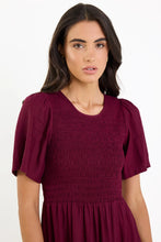 Load image into Gallery viewer, Wren Burgundy Plum SS Shirred Bodice Midi Dress
