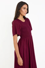 Load image into Gallery viewer, Wren Burgundy Plum SS Shirred Bodice Midi Dress