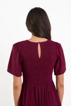 Load image into Gallery viewer, Wren Burgundy Plum SS Shirred Bodice Midi Dress