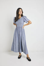 Load image into Gallery viewer, Wren Chambray Blue Shirred Midi Dress