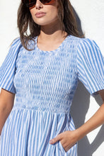 Load image into Gallery viewer, Wren Blue Stripe Cotton Blend SS Shirred Bodice Midi Dress - Blue Stripe