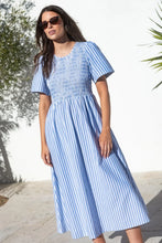 Load image into Gallery viewer, Wren Blue Stripe Cotton Blend SS Shirred Bodice Midi Dress - Blue Stripe
