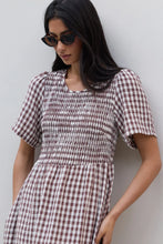 Load image into Gallery viewer, Wren Chocolate Gingham SS Shirred Bodice Midi Dress - Chocolate Gingham