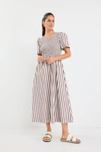 Load image into Gallery viewer, Wren  Chocolate Stripe Shirred Bodice Dress