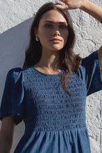 Load image into Gallery viewer, Wren Storm Blue Cotton SS Shirred Bodice Midi Dress