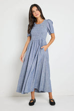 Load image into Gallery viewer, Wren Chambray Blue Shirred Midi Dress