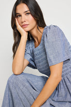 Load image into Gallery viewer, Wren Chambray Blue Shirred Midi Dress