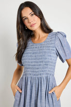 Load image into Gallery viewer, Wren Chambray Blue Shirred Midi Dress