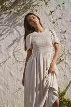 Load image into Gallery viewer, Wren Natural SS Shirred Bodice Midi Dress