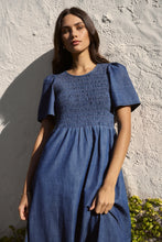 Load image into Gallery viewer, Wren Storm Blue Cotton SS Shirred Bodice Midi Dress