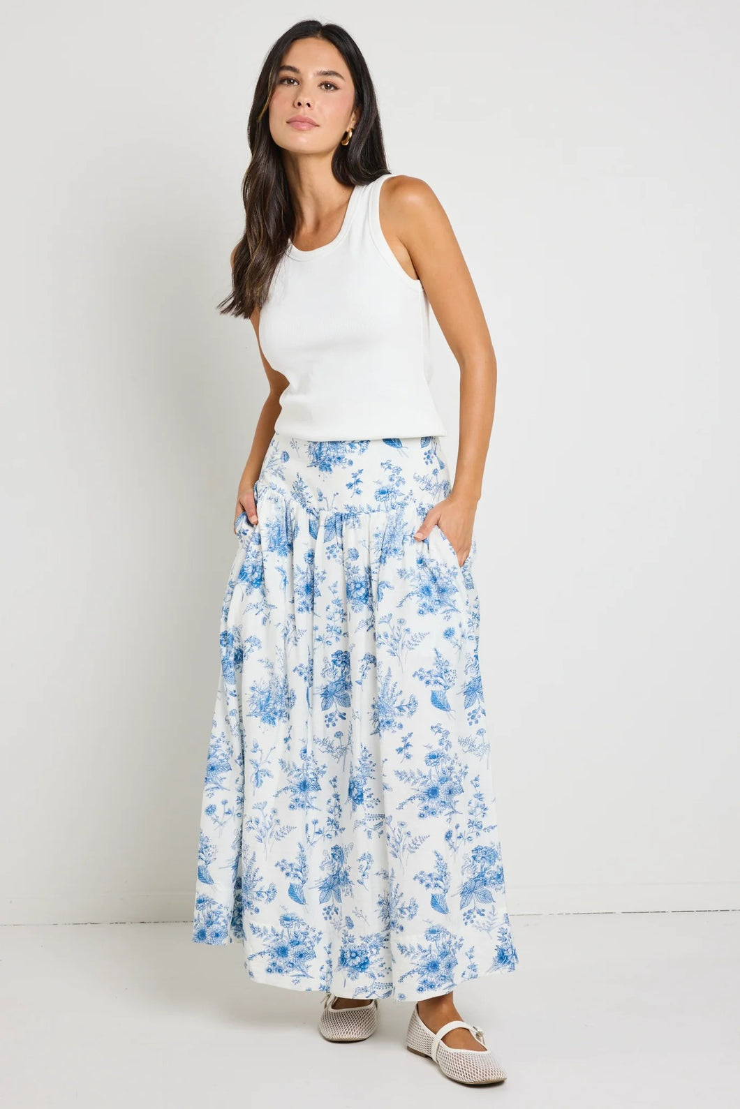 Affinity Porcelain Print Shirred Back Maxi Skirt