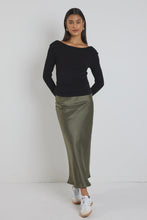 Load image into Gallery viewer, Rosette Khaki Satin Bias Cut Skirt
