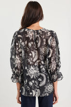 Load image into Gallery viewer, Briefly Black Scrolling Foliage Frill Sleeve Crew Neck Top
