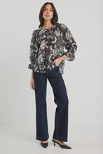 Load image into Gallery viewer, Briefly Black Scrolling Foliage Frill Sleeve Crew Neck Top
