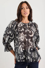 Load image into Gallery viewer, Briefly Black Scrolling Foliage Frill Sleeve Crew Neck Top
