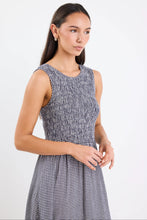 Load image into Gallery viewer, Bryar Navy Mini Gingham Sleeveless Shirred Bodice Midi Dress
