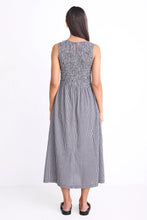 Load image into Gallery viewer, Bryar Navy Mini Gingham Sleeveless Shirred Bodice Midi Dress
